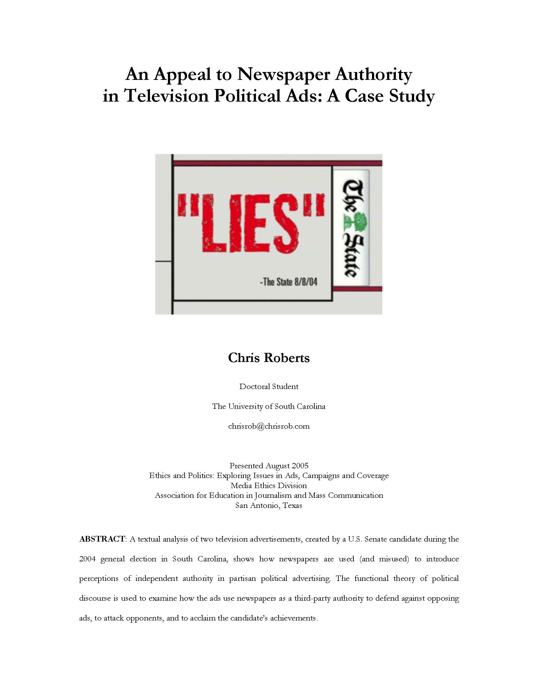An Appeal to Newspaper Authority 
in Television Political Ads: A Case Study